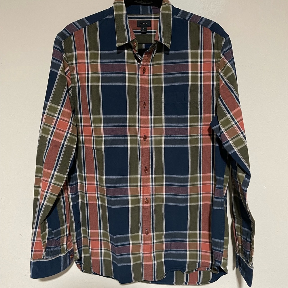 J Crew Navy Salmon Olive Plaid Cotton Button-down long sleeve shirt Sz Medium